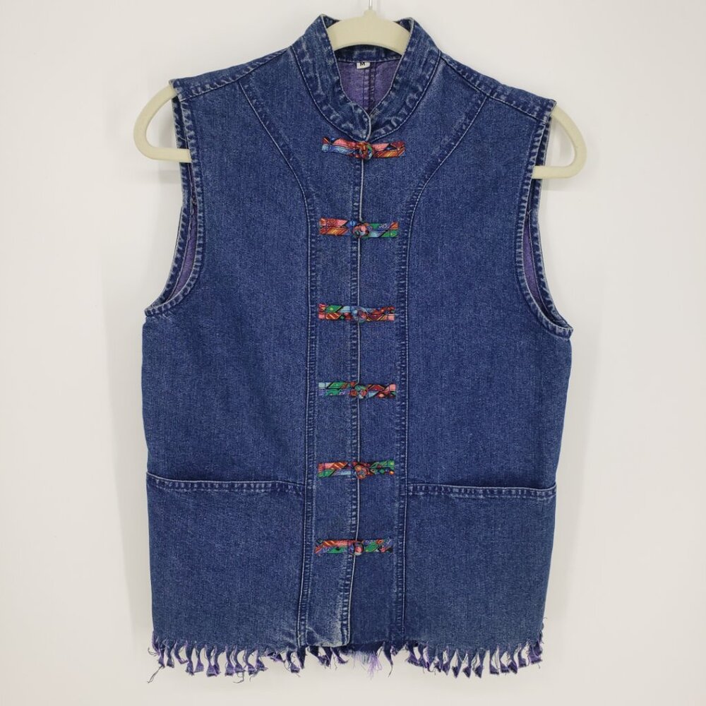 Vintage 90s Denim Vest M Womens Upcycle Fringe Hem Medium Wash Blue Jean